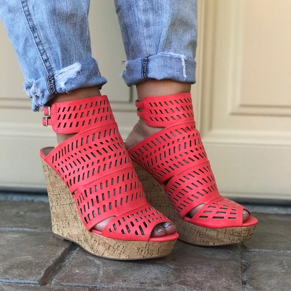 Coral Ankle Strap Perforated Platform Wedges - Picture 3 of 5